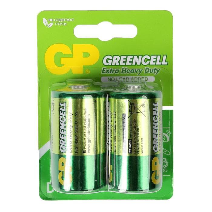Батарейка солевая GP Greencell Extra Heavy Duty, D, R20-2BL, 1.5 В, блистер, 2 шт.