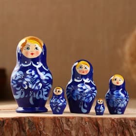 Матрёшка дерево «Гжель», синее платье, 5 кукольная, 10 см