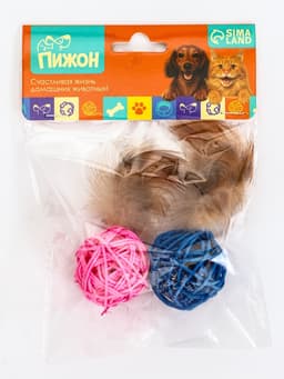 Игрушка для кошек «Шар из лозы с пером», 3.8 см, микс цветов