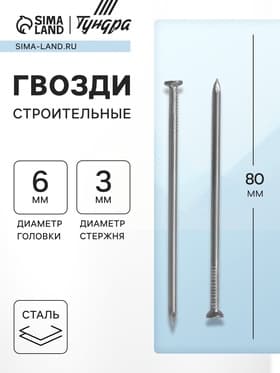 Гвозди ТУНДРА, строительные, ГОСТ 4028-63, без покрытия, 3×80 мм, 25 кг