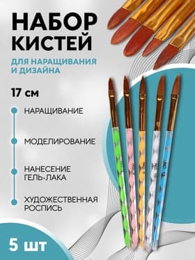 Набор кистей для наращивания и дизайна ногтей «Лепесток», 5 шт., 17 см, №4/6/8/10/12, разноцветный