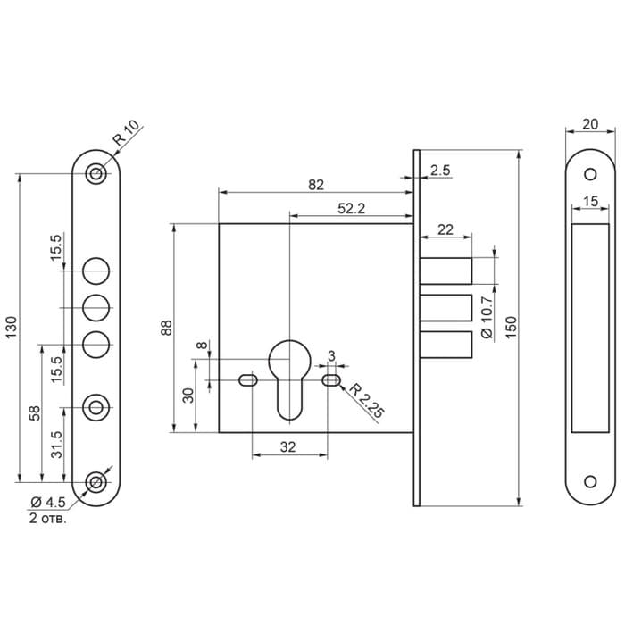 Замок врезной BORDER ЗВ 1-2/11 89400, б/ручки