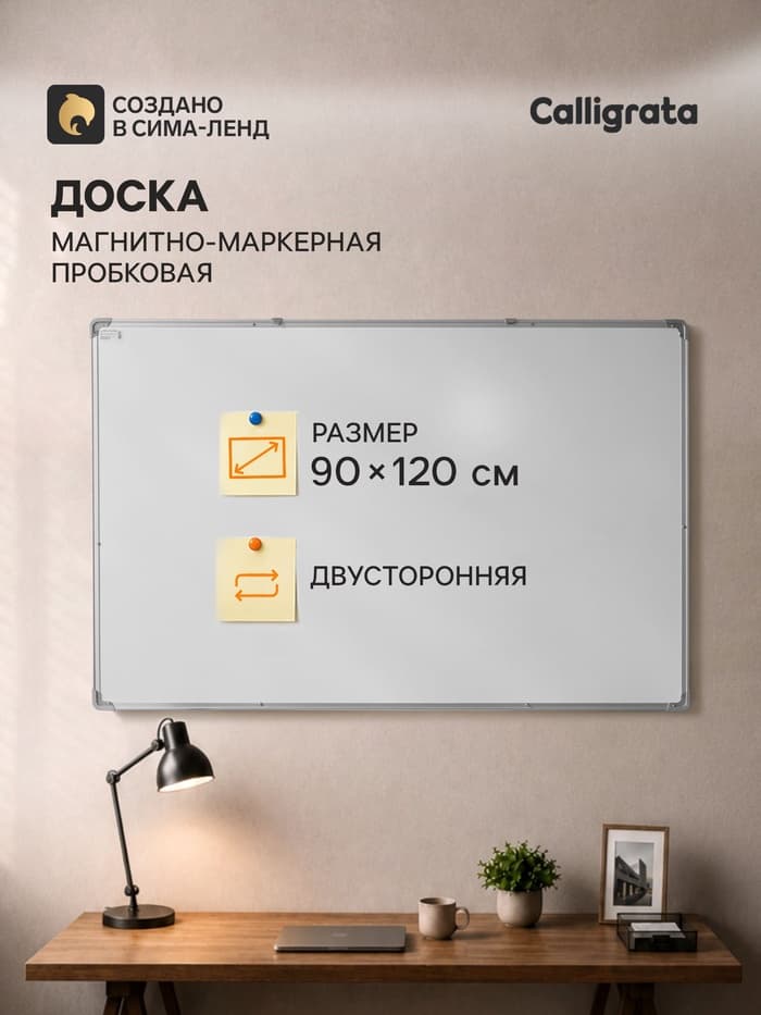 Доска двусторонняя, пробковая и магнитно-маркерная, 120×90 см