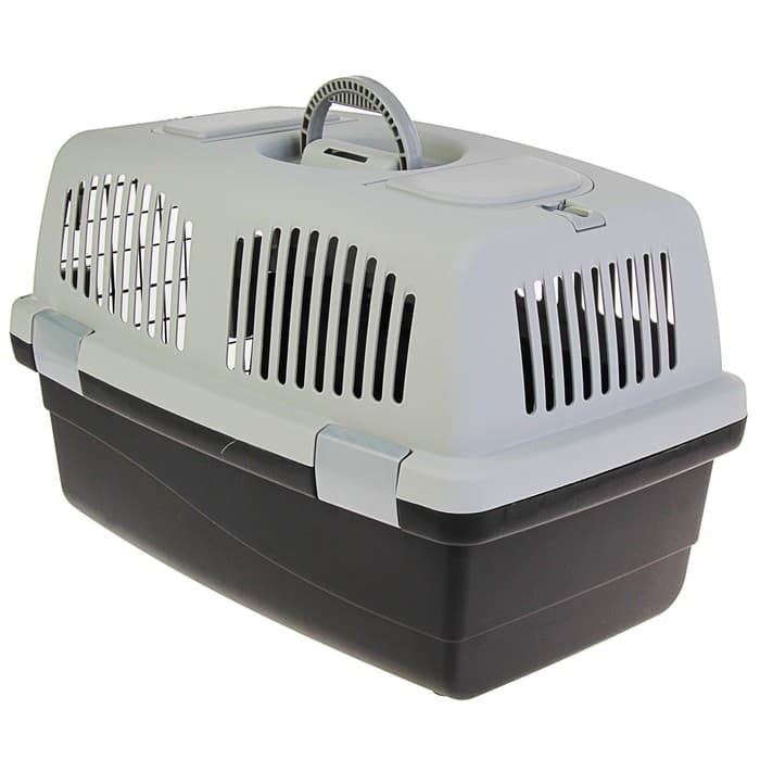 Переноска для животных, 58×37×37, до12 кг, с 2 люками и креплением для наплечного ремня, пластик, металл, серая, чёрная