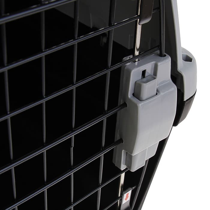 Переноска для животных, 58×37×37, до12 кг, с 2 люками и креплением для наплечного ремня, пластик, металл, серая, чёрная