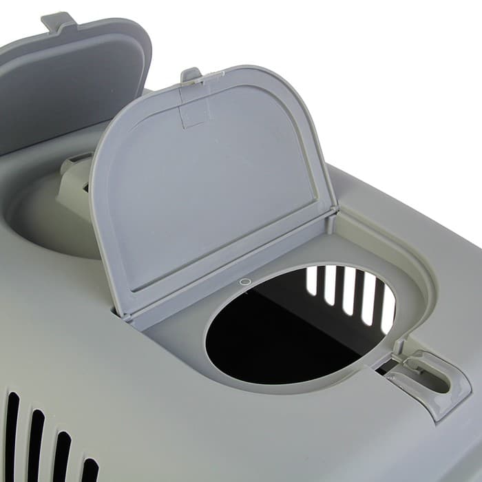 Переноска для животных, 58×37×37, до12 кг, с 2 люками и креплением для наплечного ремня, пластик, металл, серая, чёрная