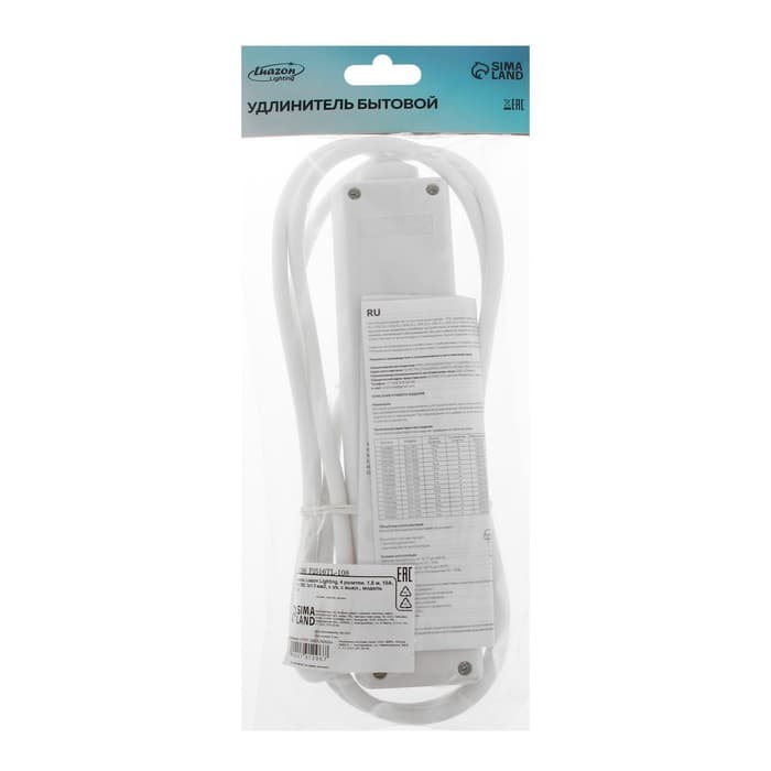 Удлинитель Luazon Lighting, 4 розетки, 1.8 м, 10 А, 2200 Вт, 3×1.5 мм2, заземление, выключатель