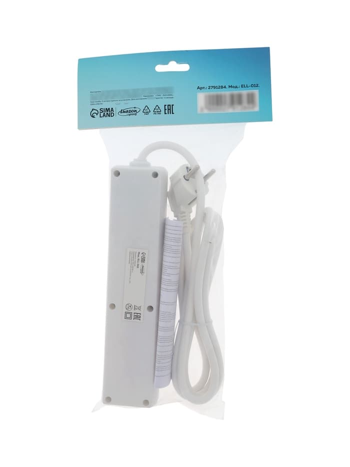 Удлинитель Luazon Lighting, 4 розетки, 1.8 м, 10 А, 2200 Вт, 3×0.75 мм2, с заземлением, с выключателем, белый