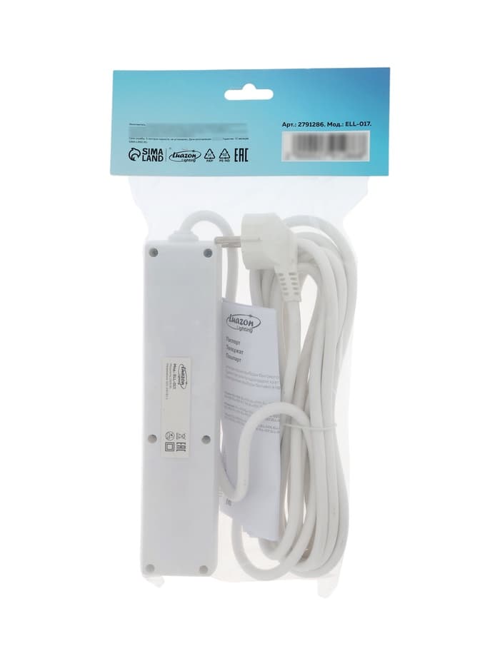 Удлинитель Luazon Lighting, 4 розетки, 5 м, 6 А, 1300 Вт, 3×0.75 мм2, с заземлением, с выключателем, белый
