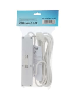 Удлинитель Luazon Lighting, 4 розетки, 5 м, 6 А, 1300 Вт, 3×0.75 мм2, с заземлением, с выключателем, белый