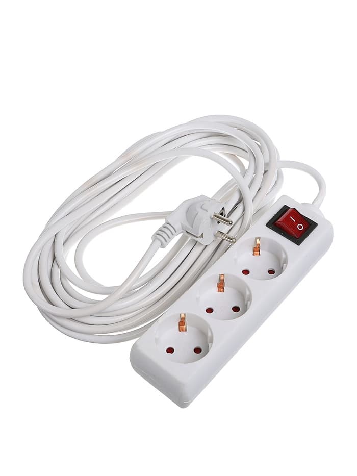 Удлинитель Luazon Lighting, 3 розетки, 7 м, 6 А, 1300 Вт, 3×0.75 мм2, с заземлением, с выключателем, белый