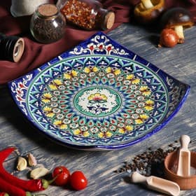 Ляган узбекский Риштанская Керамика «Орнамент», 25×4.5 см, квадратный, синий