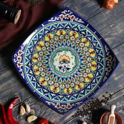 Ляган узбекский Риштанская Керамика «Орнамент», 25×4.5 см, квадратный, синий