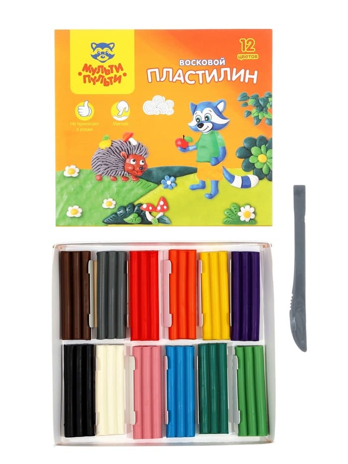 Пластилин мягкий (восковой) «Мульти-Пульти. Енот в лесу», 12 цветов, 180 г, со стеком