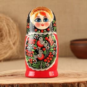 Матрёшка дерево «Снегири в рябине», чёрный платок, 5 кукольная, 15 -18 см