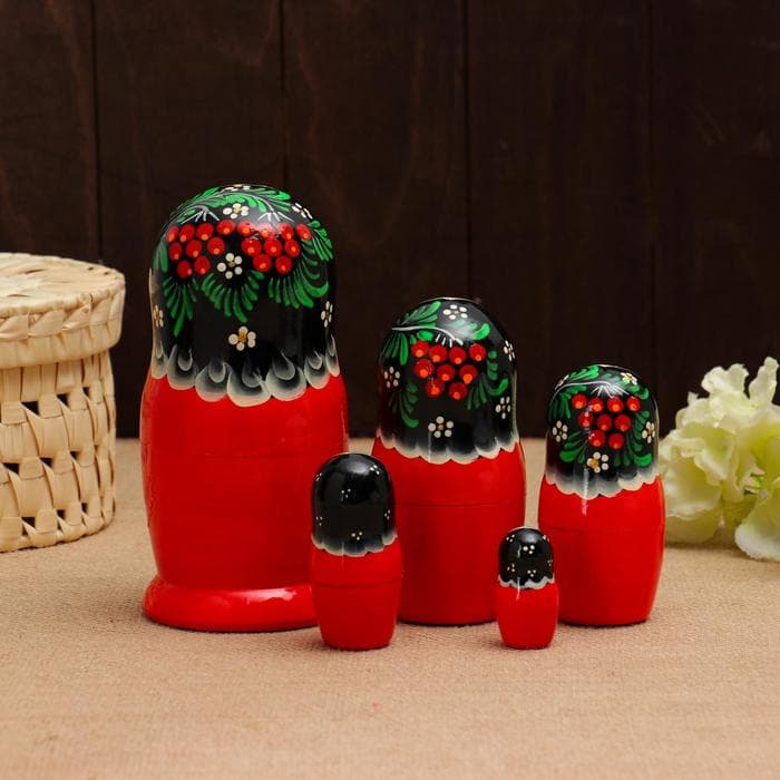 Матрёшка дерево «Снегири в рябине», чёрный платок, 5 кукольная, 15 -18 см