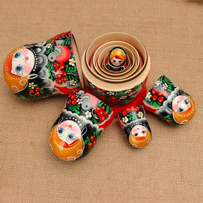 Матрёшка дерево «Снегири в рябине», чёрный платок, 5 кукольная, 15 -18 см