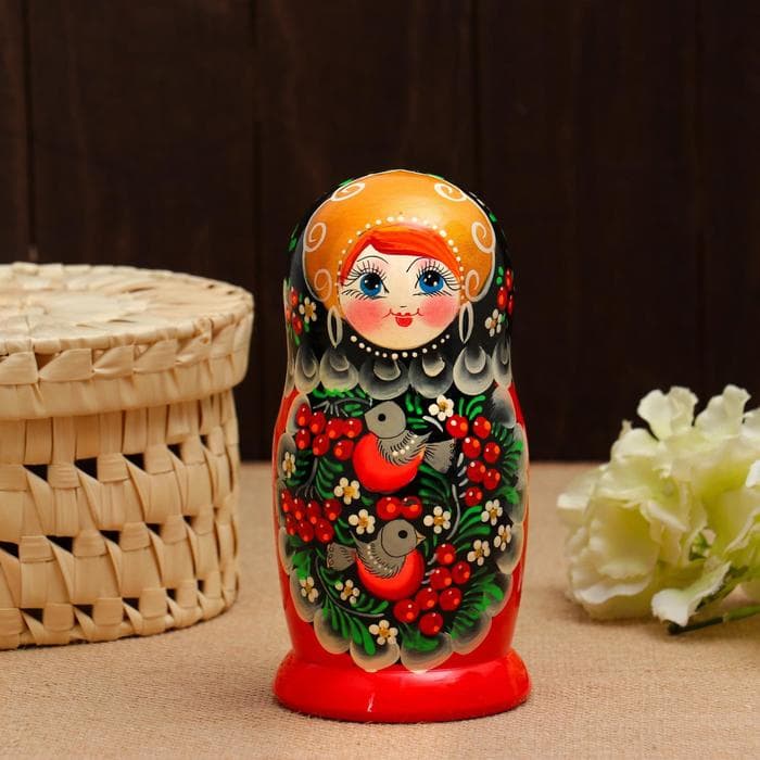 Матрёшка дерево «Снегири в рябине», чёрный платок, 5 кукольная, 15 -18 см