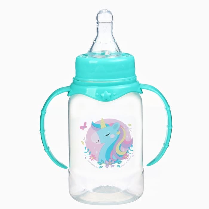 Бутылочка для кормления M&B «Волшебный единорог» от 0 мес., 150 мл, с ручками, цилиндр, бирюзовый