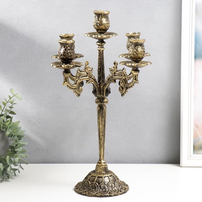 Металлический подсвечник на 5 свечей «Канделябр королевский», чугун, золотая патина 43×29×29 см
