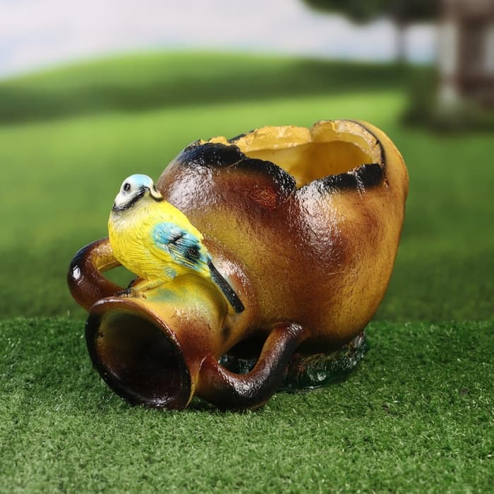 Фигурное кашпо для цветов «Синичка на кувшине», 1.6 л, 25×16×15 см, гипс