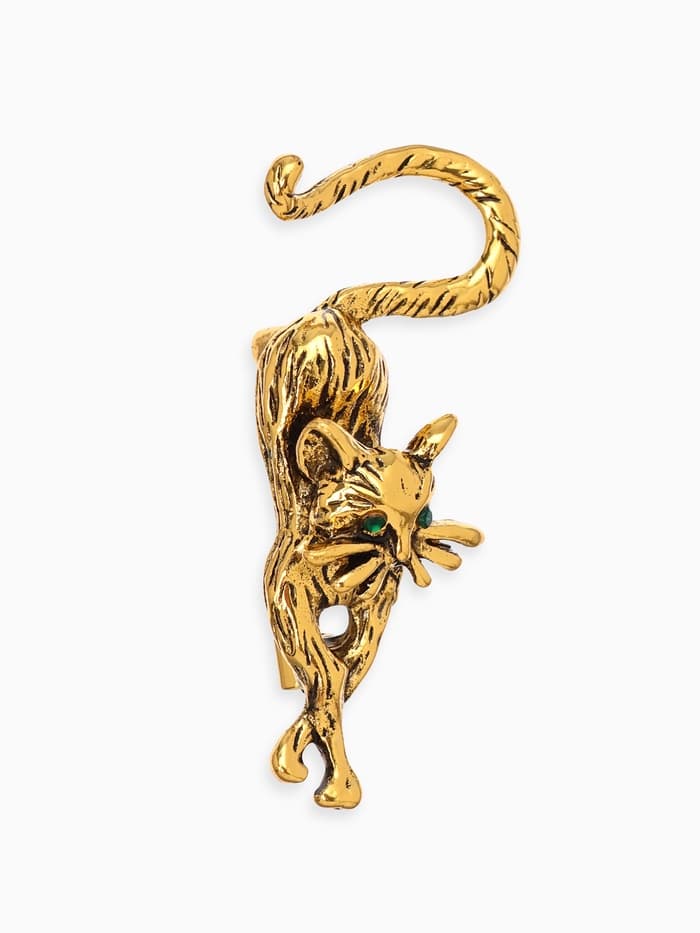 Брошь «Кошка грациозная», зелёная в чернёном золоте
