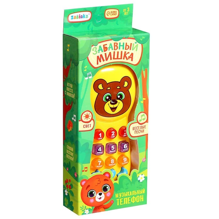 Музыкальный телефон детский «Забавный мишка», световые эффекты, русская озвучка, работает от батареек