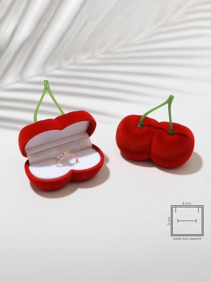 Футляр под серьги, кольца «Вишня», бархатный, 7×6.5×3.5 см, красный