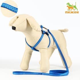 Комплект прошитый «Горошек», ширина 1 см, поводок 120 см, шлейка 23-35 см, синий