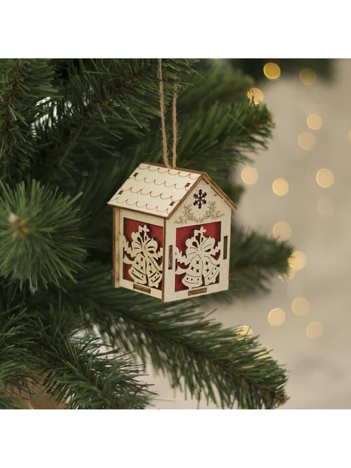 Ёлочная игрушка «Домик с колокольчиками», 8×5×6 см, 1 LED, от батареек, свечение тёплое белое
