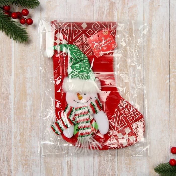 Носок для подарков «Снеговичок» 18×25 см, красный/зелёный