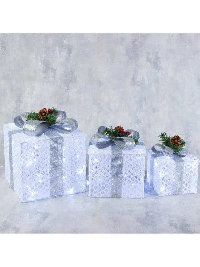 Светодиодная фигура «Подарки с серой лентой» 15, 20, 25 см, текстиль, металл, 220 В, свечение белое