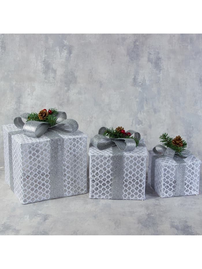 Светодиодная фигура «Подарки с серой лентой» 15, 20, 25 см, текстиль, металл, 220 В, свечение белое