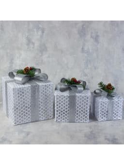 Светодиодная фигура «Подарки с серой лентой» 15, 20, 25 см, текстиль, металл, 220 В, свечение белое