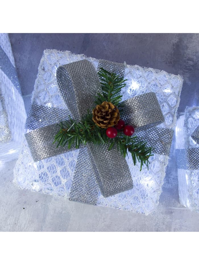 Светодиодная фигура «Подарки с серой лентой» 15, 20, 25 см, текстиль, металл, 220 В, свечение белое