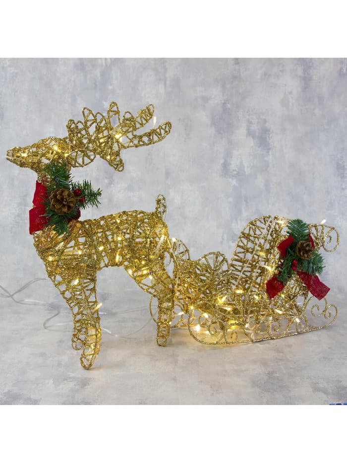 Светодиодная фигура «Олень с санями золотистый», олень: 40×50×16 см, сани: 40×25×10 см, металл, 220 В, свечение тёплое белое