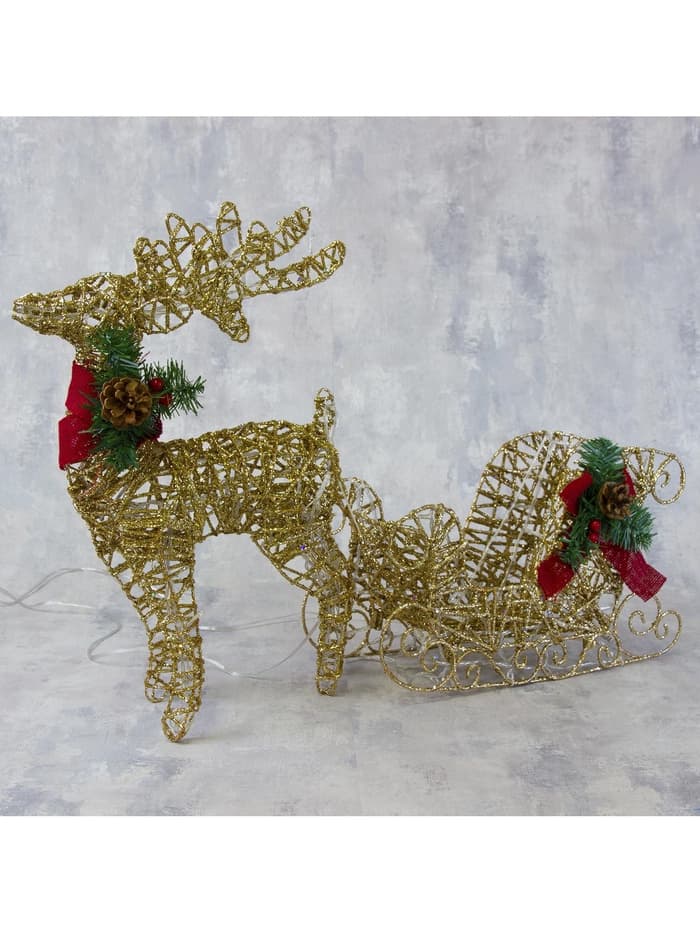 Светодиодная фигура «Олень с санями золотистый», олень: 40×50×16 см, сани: 40×25×10 см, металл, 220 В, свечение тёплое белое