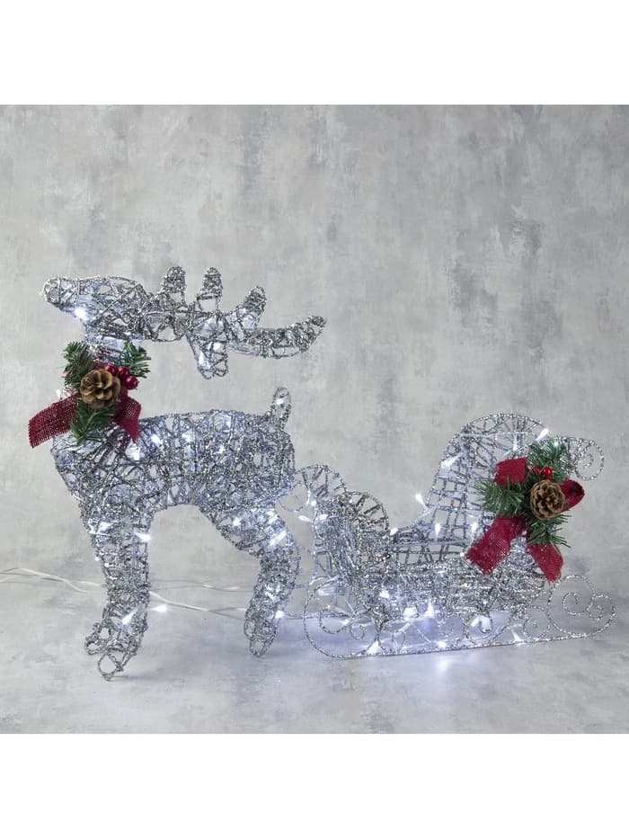 Светодиодная фигура «Олень с санями серебристый», олень: 40×50×16 см, сани: 40×25×10 см, металл, 220 В, свечение белое