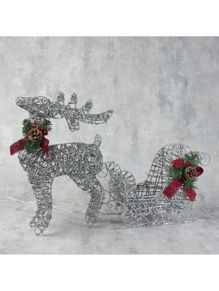 Светодиодная фигура «Олень с санями серебристый», олень: 40×50×16 см, сани: 40×25×10 см, металл, 220 В, свечение белое