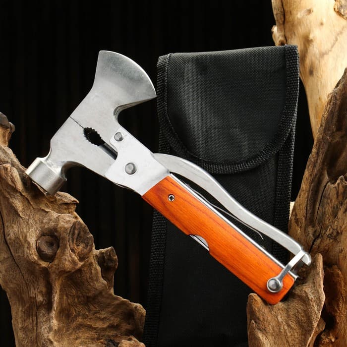 Мультитул 8в1 в чехле, рукоять дерево(топор, молоток, отвертки, ножи)