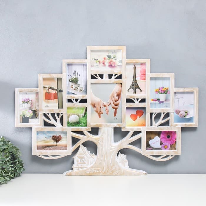 Фоторамка - коллаж на 12 фото 10×10 см, 10×15 см, 15×20 см «Семейное дерево», белая с золотом, 58×82 см