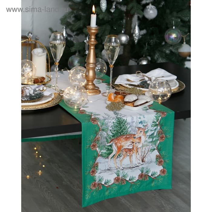 Дорожка новогодняя на стол «Этель. Новогодний лес» 40×147±3 см, 100% хлопок, саржа 190 г/м², белая/зелёная