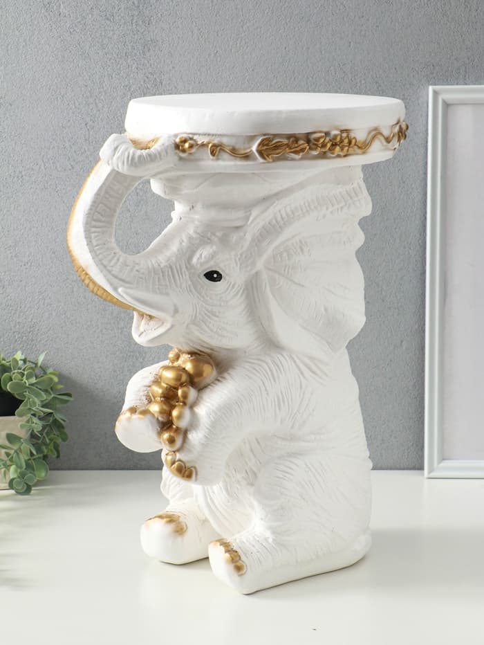 Фигура - подставка для мелочей «Слон сидя», столик, гипс, белое золото, 34×26×44 см