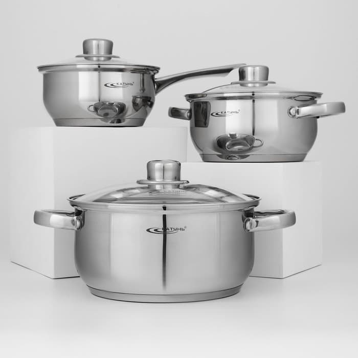 Набор кастрюль Катунь «Гретта», 3 предмета: кастрюли 2.2 л, 4.2 л, ковш 1.6 л, капсульное дно, индукция, нержавеющая сталь, AISI - 201