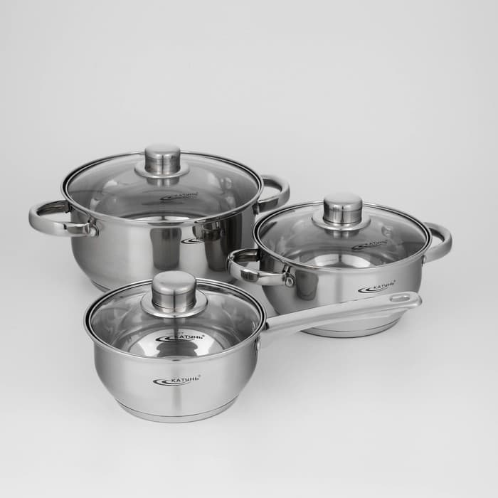Набор кастрюль Катунь «Гретта», 3 предмета: кастрюли 2.2 л, 4.2 л, ковш 1.6 л, капсульное дно, индукция, нержавеющая сталь, AISI - 201