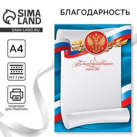 Благодарность А4 символика РФ, триколор, 157 г/м²