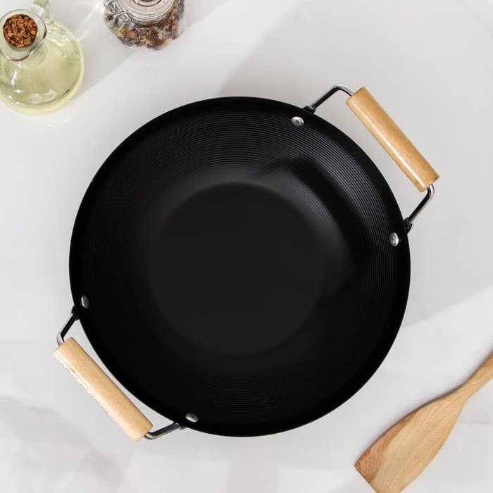 Сковорода - Вок Доляна «Жаклин», d=24.5 см, деревянные ручки, углеродистая сталь, чёрная
