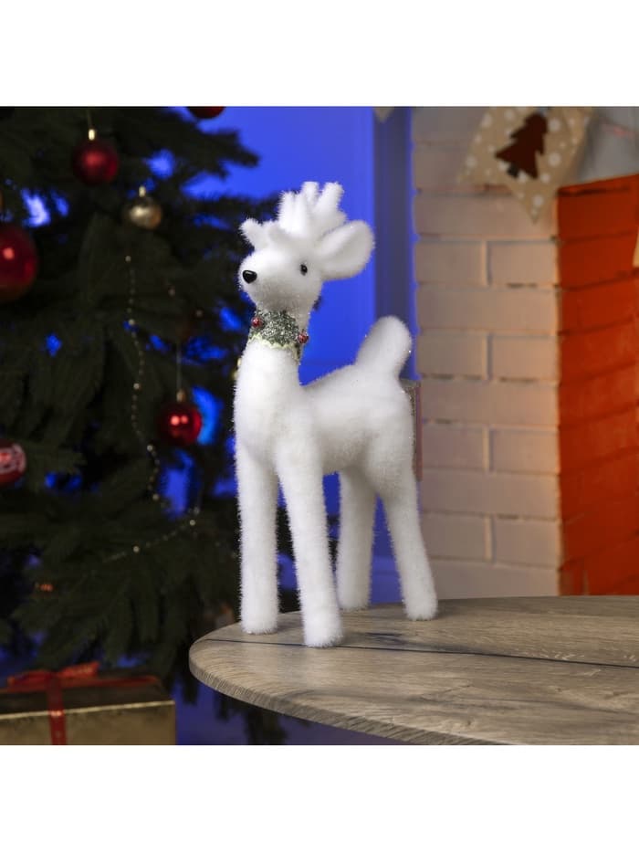 Светодиодная фигура «Олень» 16×30×9 см, флок, от батареек, свечение тёплое белое