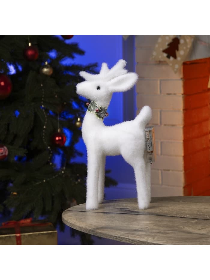 Светодиодная фигура «Олень» 16×30×9 см, флок, от батареек, свечение тёплое белое