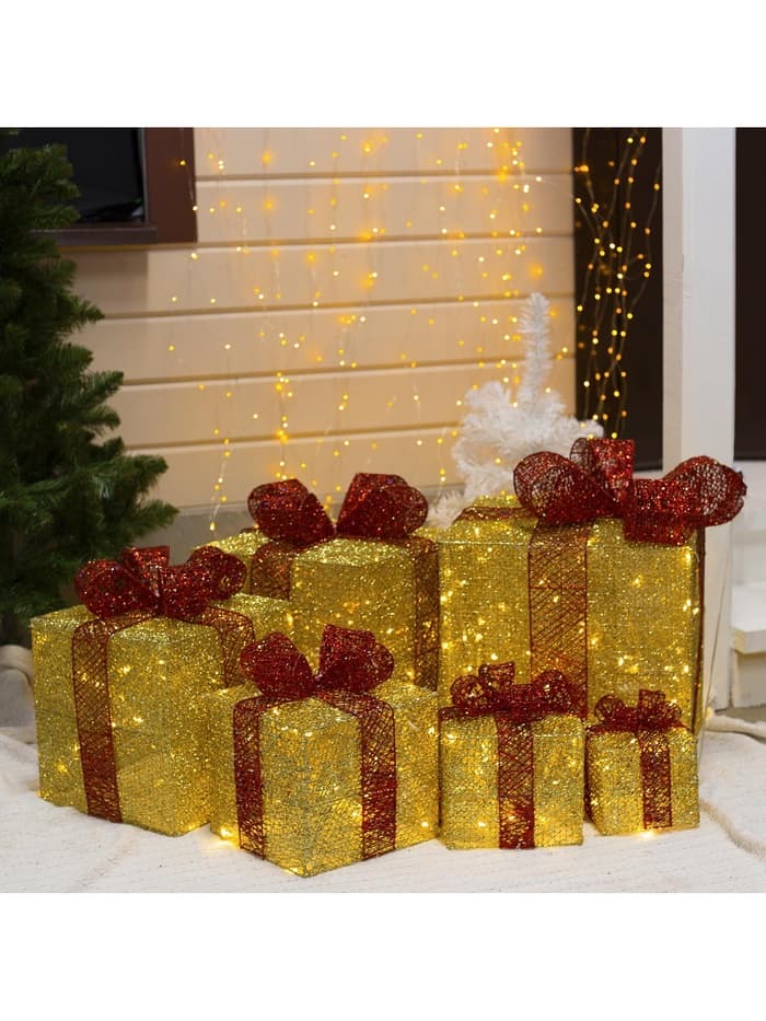 Светодиодная фигура «Подарки с красной лентой» 15, 20, 25, 30, 35, 40 см, текстиль, металл, 220 В, 8 режимов, свечение тёплое белое